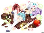  1girl :d animal_ears aqua_bow aqua_dress aqua_hairband backless_outfit bangs blush bow box bunny_girl checkerboard_cookie chocolate_bar company_name cookie crystal dress eyebrows_visible_through_hair food forehead_jewel fruit full_body fur gem gift gift_box hair_bow hairband heart leg_up looking_at_viewer looking_back lying medium_hair melting monmusume-harem namaru_(summer_dandy) nose_blush off-shoulder_dress off_shoulder official_art on_stomach open_mouth oversized_object parted_bangs paws pocky rabbit_ears red_eyes ruby_(stone) rurie_(monmusume-harem) short_dress smile solo sparkle strawberry stuffed_animal stuffed_bunny stuffed_toy tareme thigh_strap white_background white_hair 