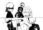  1boy 1girl beret blindfold comic drawing greyscale hat holding kumaponn machine_(nier) mole mole_under_mouth monochrome nier_(series) nier_automata open_mouth robot short_hair silent_comic white_background yorha_no._2_type_b yorha_no._9_type_s 