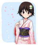  1girl absurdres bangs blue_background blush brown_eyes brown_hair closed_mouth commentary_request cropped_torso duck_hair_ornament floral_print flower getsumen_suibaku_ver._a(c) girls_und_panzer hair_flower hair_ornament highres isobe_noriko japanese_clothes kimono looking_at_viewer obi outside_border petals pink_kimono print_kimono rounded_corners sash short_hair smile solo standing twitter_username 