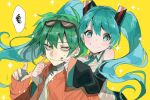 2girls aqua_eyes aqua_hair bags_under_eyes detached_sleeves dual_persona earrings eyewear_on_head green_eyes green_hair hatsune_miku jacket jewelry long_hair looking_at_viewer multiple_girls shirt simple_background smile sparkle suna_no_wakusei_(vocaloid) sunglasses twintails vocaloid yellow_background 
