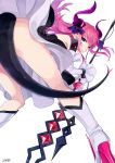  1girl asymmetrical_horns blue_eyes dragon_girl dragon_horns dragon_tail dress elizabeth_bathory_(fate) elizabeth_bathory_(fate)_(all) fate/extra fate/extra_ccc fate/grand_order fate_(series) from_behind hair_ribbon highres holding holding_weapon horns long_hair looking_at_viewer looking_back pink_hair pointy_ears ribbon sidelocks simple_background solo tail weapon white_background yuncho 