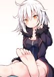  1girl :t bangs bare_legs barefoot beni_shake black_dress black_jacket blush breasts brown_eyes cleavage closed_mouth commentary_request dress eyebrows_visible_through_hair fate/apocrypha fate/grand_order fate_(series) feet fur-trimmed_jacket fur-trimmed_sleeves fur_trim hair_between_eyes hand_up head_tilt jacket jeanne_d&#039;arc_(alter)_(fate) jeanne_d&#039;arc_(fate)_(all) long_sleeves looking_at_viewer medium_breasts open_clothes open_jacket pout silver_hair soles solo wicked_dragon_witch_ver._shinjuku_1999 