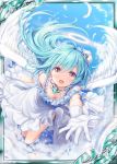  1girl akkijin angel angel_wings blue_hair blue_sky card_(medium) clouds cloudy_sky dress feathers flying gloves halo jewelry looking_at_viewer necklace official_art orange_eyes shinkai_no_valkyrie sky solo white_dress white_gloves wings 