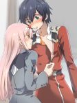  1boy 1girl :o aqua_eyes assisted_exposure black_hair blush cosplay costume_switch couple crossdressinging darling_in_the_franxx dress eyebrows_visible_through_hair hair_between_eyes herozu_(xxhrd) hiro_(darling_in_the_franxx) hiro_(darling_in_the_franxx)_(cosplay) horns long_hair long_sleeves looking_at_another military military_uniform nose_blush pink_hair red_dress smile undressing uniform zero_two_(darling_in_the_franxx) zero_two_(darling_in_the_franxx)_(cosplay) zipper 
