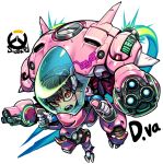  1girl acronym aiming_at_viewer artist_name bangs blue_bodysuit bodysuit brown_eyes brown_hair character_name chibi controller d.va_(overwatch) emblem facepaint facial_mark flying frown full_body gloves headphones high_collar joystick logo looking_at_viewer mecha meka_(overwatch) open_mouth overwatch pilot_suit piloting serious sharp_teeth shoulder_pads sido_(slipknot) signature simple_background skin_tight solo swept_bangs teeth whisker_markings white_background white_gloves 