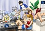  2boys 3girls :3 ayanami_rei barefoot black_hair blue_eyes blue_hair blue_shorts brown_hair calendar_(object) cellphone chips commentary_request couch curtains fan food glass glasses hand_on_another&#039;s_head ice ice_cube ikari_shinji iphone lying makinami_mari_illustrious multiple_boys multiple_girls nagisa_kaworu neon_genesis_evangelion on_back phone plant potato_chips profile raglan_sleeves reading red-framed_eyewear semi-rimless_eyewear shirt short_shorts short_sleeves shorts silver_hair sleeveless smartphone souryuu_asuka_langley suimame t-shirt table tray two_side_up under-rim_eyewear 
