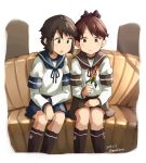  2girls adapted_costume anchor_symbol arm_warmers black_hair black_legwear black_ribbon blue_sailor_collar blue_skirt brown_eyes brown_hair brown_sailor_collar brown_skirt couch feet_out_of_frame flower hair_ribbon highres kantai_collection long_sleeves miyuki_(kantai_collection) multiple_girls pleated_skirt ponytail ribbon sailor_collar sakura_(medilore) school_uniform serafuku shikinami_(kantai_collection) short_hair sitting skirt socks 