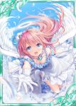  1girl akkijin angel angel_wings blue_eyes blue_sky card_(medium) clouds cloudy_sky dress feathers flying gloves halo jewelry looking_at_viewer necklace official_art pink_hair shinkai_no_valkyrie sky solo white_dress white_gloves wings 