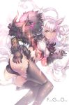  1girl aguy animal_ears ass atalanta_(alter)_(fate) atalanta_(fate) bangs black_gloves black_panties blush breasts commentary_request copyright_name elbow_gloves eyebrows_visible_through_hair fate/grand_order fate_(series) fur-trimmed_gloves fur_trim gloves green_eyes hair_between_eyes hand_on_own_ass long_hair looking_at_viewer lying medium_breasts multiple_tails on_side panties parted_lips silver_hair simple_background slit_pupils solo tail two_tails underwear very_long_hair white_background yellow_eyes 