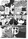  absurdres african_wild_dog_(kemono_friends) animal_ears bear_ears bear_paw_hammer bell_(hellchan3) brown_bear_(kemono_friends) cerulean_(kemono_friends) circlet comic commentary_request dog_ears elbow_gloves fingerless_gloves gloves golden_snub-nosed_monkey_(kemono_friends) highres holding holding_staff kemono_friends leotard monkey_ears sandstar staff translation_request yellow_leotard 