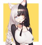  1girl animal_ears bangs blue_eyes blue_hair blush border breasts cat_ears choker chungu commentary_request glasses hair_between_eyes highres large_breasts long_hair looking_at_viewer multicolored_hair open_mouth original signature silver_hair simple_background solo two-tone_hair upper_body yellow_eyes 