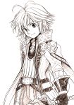  1boy ahoge alternate_costume belt cape closed_mouth gauntlets gem greyscale hair_between_eyes harumiya high_collar holding holding_sword holding_weapon looking_at_viewer meliodas monochrome nanatsu_no_taizai smile sword weapon 