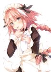  1boy alternate_costume apron astolfo_(fate) bangs black_bow blush bow braid commentary dutch_angle eyebrows_visible_through_hair fang fate/apocrypha fate_(series) finger_licking food food_on_face frills gomano_rio hair_bow hair_intakes heart highres icing juliet_sleeves licking light_smile long_hair long_sleeves looking_at_viewer maid_headdress multicolored_hair otoko_no_ko pink_hair puffy_sleeves single_braid solo streaked_hair tongue violet_eyes white_background wrist_cuffs 