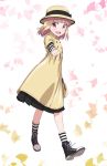  1girl :d black_footwear blonde_hair full_body hat iijima_yun looking_at_viewer new_game! open_mouth outstretched_arm pink_x red_eyes smile solo standing striped striped_legwear white_background yellow_coat yellow_hat 