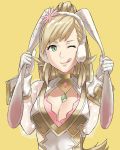  1girl animal_ears blonde_hair bunny_girl bunny_tail bunnysuit detached_collar earmuffs fake_animal_ears fire_emblem fire_emblem_heroes green_eyes j@ck leotard long_hair looking_at_viewer open_mouth rabbit_ears sharena simple_background smile solo strapless strapless_leotard tail white_background 