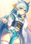  1girl blush clothes_lift eyebrows_visible_through_hair fate/grand_order fate_(series) green_hair hand_on_own_cheek heart heart-shaped_pupils highres horns japanese_clothes kiyohime_(fate/grand_order) lifted_by_self long_hair looking_at_viewer minamo25 smile solo symbol-shaped_pupils thigh-highs twitter_username white_legwear yellow_eyes 