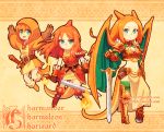  3girls bandage bandaged_arm bangs beanie beige_background belt breasts brown_gloves buckle character_name charizard charmander charmeleon child cleavage closed_mouth dav-19 evolution fiery_tail fighting_stance fire flat_chest gauntlets gen_1_pokemon gloves green_eyes hair_between_eyes happy hat holding holding_sword holding_weapon horn horns jumping long_hair long_sleeves looking_at_viewer midriff multiple_girls navel orange_hair parted_bangs personification poke_ball poke_ball_(generic) pokemon serious shoes short_sleeves shoulder_blades small_breasts spikes standing sword tail watermark weapon web_address 