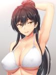  1girl arm_up armpits bangs bikini_top black_hair blush breasts commentary_request eyebrows_visible_through_hair gradient gradient_background highres homewrecker idolmaster idolmaster_shiny_colors large_breasts long_hair looking_at_viewer open_mouth ponytail shirase_sakuya smile solo upper_body yellow_eyes 