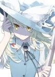  1girl alternate_costume blonde_hair braid broom hat kirisame_marisa long_hair looking_at_viewer neck_ribbon ribbon sakuraba_yuuki single_braid smile solo touhou upper_body vest white_background witch_hat yellow_eyes 