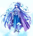  1girl bangs blue_eyes blue_footwear blue_hair blue_skirt breasts bubble cape commentary eyebrows_visible_through_hair frilled_cape frilled_sleeves frills full_body hair_between_eyes highres houshin_engi large_breasts long_hair long_skirt long_sleeves looking_up open_hand parted_lips purple_cape ryuukitsu_koushu shoes skirt solo su_(pixiv44447) very_long_hair water water_manipulation wide_sleeves 
