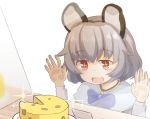  +_+ 1girl against_glass animal_ears blue_bow bow capelet cheese drooling eyebrows_visible_through_hair food grey_hair grey_shirt hair_between_eyes long_sleeves looking_down mouse_ears nazrin open_mouth plate red_eyes reflection saisoku_no_yukkuri shirt short_hair solo sparkle swiss_cheese thick_eyebrows touhou upper_body 