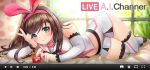  1girl a.i._channel absurdres aqua_eyes arm_warmers bangs bare_shoulders blush bow bowtie breasts brown_hair engrish highres hips indoors kim_eul_bong kizuna_ai livestream long_hair looking_at_viewer lying midriff multicolored_hair nail_polish navel on_side pink_hair play_button ranguage sailor_collar shorts sleeveless smile streaked_hair sunlight swept_bangs thigh-highs two-tone_hair v video virtual_youtuber watermark window youtube 