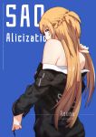  1girl artist_name asuna_(sao) black_sweater blonde_hair blue_background breasts brown_eyes character_name copyright_name highres holding holding_hair long_hair looking_at_viewer looking_back medium_breasts sideboob solo sweater sword_art_online upper_body very_long_hair zhayin-san 