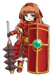  1girl aqua_eyes armor armored_dress bangs blunt_bangs brown_hair full_body gauntlets long_hair looking_at_viewer mace nemui_(nemui) planted_weapon rean_(sennen_sensou_aigis) red_footwear red_headband sennen_sensou_aigis shield solo standing weapon 