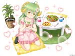  1girl :o ahoge animal_ears apron asatsuki_(monmusume-harem) bangs black_footwear blush bowl collarbone company_name cucumber cup eyebrows_visible_through_hair flower fork frilled_apron frills full_body green_hair green_ribbon hair_between_eyes hair_flower hair_ornament hand_up head_tilt heart holding holding_spoon horns jewelry ketchup long_hair looking_at_viewer monmusume-harem mug namaru_(summer_dandy) nose_blush official_art omelet pillow pink_apron plant plate pocket polka_dot potted_plant ribbon ring salad seiza sheep_ears sheep_girl sheep_horns shiny shiny_hair sidelocks simple_background sitting socks solo sparkle spoon suspenders suspenders_slip table tomato wedding_band white_background white_flower yellow_eyes 