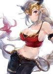  1girl aliza_(granblue_fantasy) bare_shoulders blush braid breasts cleavage collarbone draph granblue_fantasy hair_pulled_back highres hips horns large_breasts long_hair looking_at_viewer midriff navel pointy_ears red_eyes silver_hair smile solo takeashiro waist 