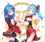  2girls :d ahoge alcohol beer bili_girl_22 bili_girl_33 bilibili_douga black_legwear black_skirt blue_hair blush braid breasts carminar cleavage_cutout cup detached_sleeves drinking_glass facial_mark forehead_mark hair_between_eyes hair_over_shoulder highres holding holding_drinking_glass looking_at_viewer medium_breasts multiple_girls open_mouth skirt smile standing thigh-highs twintails violet_eyes wide_sleeves 
