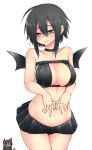  2girls ahoge alternate_costume black_bra black_choker black_skirt blush bra breasts chibi chibi_inset chiharu_(musuko_ga_kawaikute_shikatanai_mazoku_no_hahaoya) choker closed_mouth cowboy_shot demon_wings fidgeting flying_sweatdrops grey_eyes hair_between_eyes highres juugoya_(zyugoya) large_breasts looking_at_viewer merii_(musuko_ga_kawaikute_shikatanai_mazoku_no_hahaoya) miniskirt multiple_girls musuko_ga_kawaikute_shikatanai_mazoku_no_hahaoya pleated_skirt short_hair sidelocks simple_background skirt sweatdrop underwear white_background wings 