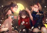  3girls angry asymmetrical_legwear black_cape black_hair black_legwear black_leotard black_panties black_ribbon blonde_hair blue_eyes blush cape commentary_request crown earrings ereshkigal_(fate/grand_order) fate/grand_order fate/stay_night fate_(series) fur_trim gold_earrings hair_ornament hair_ribbon highres hoop_earrings ishtar_(fate/grand_order) jewelry leotard multiple_girls multiple_persona nijimaarc open_mouth panties pointing red_cape red_eyes red_ribbon ribbon siblings single_thighhigh sisters skull spine teeth thigh-highs tiara tohsaka_rin twintails underwear 