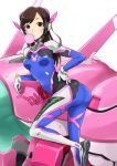  1girl ass bangs blue_bodysuit bodysuit breasts brown_eyes brown_hair bubble_blowing chewing_gum covered_navel d.va_(overwatch) eyebrows eyebrows_visible_through_hair facial_mark gloves hand_on_hip headphones io_naomichi leg_up long_hair mecha meka_(overwatch) overwatch rabbit ribbed_bodysuit simple_background small_breasts solo straight_hair swept_bangs turtleneck whisker_markings white_background white_gloves 