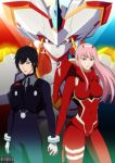  1boy 1girl black_hair blue_eyes breasts couple darling_in_the_franxx eyebrows_visible_through_hair gloves green_eyes hairband hand_holding highres hiro_(darling_in_the_franxx) horns large_breasts long_hair looking_at_viewer oni_horns pilot_suit pink_hair red_gloves short_hair signature souqran strelizia white_gloves white_hairband zero_two_(darling_in_the_franxx) 