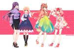  4girls :d alternate_costume artist_name backpack bag bandaid bandaid_on_knee black_legwear black_skirt blue_background blue_eyes boots brown_hair casual clothes_writing commentary doki_doki_literature_club dress english_commentary eyebrows_visible_through_hair eyes_visible_through_hair floral_print full_body green_background green_eyes green_skirt hair_between_eyes hair_ornament hair_ribbon hairband hairclip hat high-waist_skirt high_heels highres hood hooded_jacket jacket kneehighs long_hair looking_at_viewer monika_(doki_doki_literature_club) multiple_girls natsuki_(doki_doki_literature_club) open_mouth parted_lips pink_background pink_eyes pink_hair polka_dot polka_dot_background ponytail profile puffy_sleeves purple_hair ribbed_sweater ribbon savi_(byakushimc) sayori_(doki_doki_literature_club) shoes short_hair short_twintails simple_background skirt smile socks sweater twintails unmoving_pattern very_long_hair x_hair_ornament yellow_background yuri_(doki_doki_literature_club) 