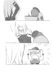  1girl ass beret comic drawing elbow_gloves gloves greyscale hair_over_one_eye hand_on_hip hat holding kumaponn machine_(nier) monochrome nier_(series) nier_automata open_mouth panties silent_comic sketchbook underwear yorha_type_a_no._2 
