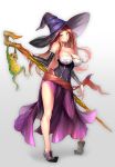  1girl bare_shoulders breasts brown_eyes brown_hair cleavage commentary_request detached_sleeves dragon&#039;s_crown dress full_body hat hat_over_one_eye highres holding large_breasts long_hair looking_at_viewer side_slit simple_background solo sorceress_(dragon&#039;s_crown) staff standing strapless strapless_dress suishougensou thick_thighs thighs witch_hat 