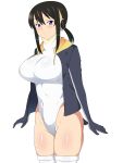  1girl black_eyes black_hair black_jacket breasts cosplay covered_navel cowboy_shot drawstring emperor_penguin_(kemono_friends) emperor_penguin_(kemono_friends)_(cosplay) headphones highleg highleg_leotard highres hood hoodie jacket kagemusha kemono_friends large_breasts leotard looking_at_viewer low_ponytail multicolored_hair open_clothes open_hoodie original short_ponytail simple_background smile solo standing thigh-highs white_background white_legwear white_leotard 