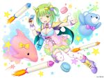  1girl ;d afterburner animal_ears bag bangs black_wings blunt_bangs blush boot_bow boots bow bowtie breasts capelet chenowa_(monmusume-harem) cleavage company_name crayon cross-laced_clothes dress eyebrows_visible_through_hair food full_body green_dress green_eyes green_hair green_wings hair_ornament hairclip heart heart_print holding honeycomb_(pattern) knee_boots looking_at_viewer low_wings macaron medium_breasts medium_hair monmusume-harem monster_girl multicolored multicolored_clothes multicolored_dress namaru_(summer_dandy) official_art one_eye_closed one_side_up open_mouth outstretched_arm pink_dress pointing pom_pom_(clothes) print_capelet print_legwear purple_bow purple_footwear purple_neckwear shiny shiny_hair shiny_skin short_dress shoulder_bag smile solo star star_print stuffed_animal stuffed_dolphin stuffed_toy teddy_bear tentacle_hair thigh-highs v-shaped_eyes white_background white_legwear wings yellow_bow yellow_capelet 