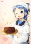  1girl ;d apron bangs blue_eyes blue_hair blush cake chocolate_cake dated dirty_clothes eyebrows_visible_through_hair food gradient gradient_background heart highres kantai_collection kappougi long_hair mae_(maesanpicture) no_gloves notice_lines one_eye_closed open_mouth sailor_collar samidare_(kantai_collection) smile solo swept_bangs tenugui tray twitter_username upper_body very_long_hair 