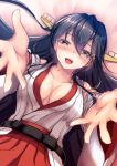  1girl bangs bare_shoulders black_hair blush breasts brown_eyes cleavage collarbone detached_sleeves eyebrows_visible_through_hair hair_between_eyes hair_ornament hairband hairclip half-closed_eyes haruna_(kantai_collection) headgear japanese_clothes kantai_collection large_breasts long_hair looking_at_viewer lying no_bra nontraditional_miko on_back open_mouth reaching_out red_skirt remodel_(kantai_collection) saboten_teishoku sidelocks skirt smile solo 