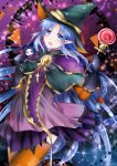  1girl :o akikame_reina alternate_costume assassin_(fate/stay_night) blue_eyes blue_hair blush candy capelet caster character_doll commentary_request cross cute dress fate/grand_order fate/stay_night fate_(series) food halloween_costume hat lollipop long_hair looking_at_viewer medea_(fate)_(all) orange_legwear pointy_ears purple_dress solo thigh-highs very_long_hair witch_hat 