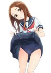  1girl ass_visible_through_thighs bangs blush brown_eyes brown_hair commentary_request cowboy_shot forehead highres karakai_jouzu_no_takagi-san lifted_by_self long_hair looking_at_viewer nagayori one-piece_swimsuit parted_bangs pleated_skirt school_swimsuit school_uniform serafuku simple_background skirt skirt_lift smile solo swimsuit swimsuit_under_clothes takagi-san white_background 