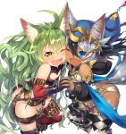  2girls :d ;d ahoge animal_ears argyle argyle_legwear bare_shoulders beltskirt bettle_(b_s_a_n) black_gloves black_hair black_legwear blue_eyes blue_hat brown_eyes cat_ears cat_tail chained chains cheek-to-cheek dark_skin elbow_gloves flat_chest gloves hair_between_eyes hand_holding hat heart heart_cutout heart_tail highres leaning_forward long_hair looking_at_viewer multiple_girls one_eye_closed open_mouth puniru_(sennen_sensou_aigis) red_legwear saval_(sennen_sensou_aigis) sennen_sensou_aigis smile standing tail white_hair white_legwear 