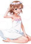  1girl :d armpits bare_legs bare_shoulders barefoot between_legs blush breasts brown_eyes brown_hair cleavage commentary_request dress flower full_body hair_flower hair_ornament hand_between_legs hand_on_own_head looking_at_viewer misaka_mikoto open_mouth puma_(hyuma1219) seiza short_hair simple_background sitting small_breasts smile solo spaghetti_strap to_aru_kagaku_no_railgun to_aru_majutsu_no_index upper_teeth white_background white_dress 