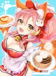  1girl animal_ears apron bare_shoulders bell bell_collar breasts cat_hair_ornament cat_paws china_dress chinese_clothes chinese_food cleavage_cutout collar collarbone dress fangs fate/grand_order fate_(series) food fox_ears fox_tail gloves hair_ornament hair_ribbon jingle_bell large_breasts long_hair looking_at_viewer maid maid_headdress naked_apron nekomiya_noru_(yuduki710) omelet open_mouth paw_gloves paws pink_hair ponytail red_ribbon ribbon solo tail tamamo_(fate)_(all) tamamo_cat_(fate) 