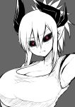  1girl armpits black_sclera breasts character_request cleavage closed_mouth eyebrows_visible_through_hair grey_background greyscale hair_between_eyes highres horns huge_breasts juugoya_(zyugoya) looking_at_viewer monochrome musuko_ga_kawaikute_shikatanai_mazoku_no_hahaoya red_eyes shirt simple_background sleeveless sleeveless_shirt slit_pupils solo spot_color upper_body 