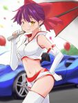  1girl alternate_costume balloon blush bow car choker cropped_jacket earrings elbow_gloves fang_out from_side gegege_no_kitarou gloves ground_vehicle hair_bow hand_on_hip holding holding_umbrella jacket jewelry looking_at_viewer motor_vehicle navel nekomusume nekomusume_(gegege_no_kitarou_6) outdoors partly_fingerless_gloves pointy_ears purple_hair racequeen red_bow short_hair short_shorts shorts solo star star_earrings stomach thigh-highs umbrella white_gloves white_jacket white_legwear white_shorts wind yellow_eyes yuuka_(a0240765) 