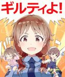 3girls :d arm_up armband bangs blue_neckwear blue_shirt blue_skirt blush brown_eyes brown_hair collared_shirt commentary_request drinking_straw eyebrows_visible_through_hair gomennasai hair_ornament hair_scrunchie holding holding_spoon hori_yuuko idolmaster idolmaster_cinderella_girls katagiri_sanae long_hair looking_at_viewer low_twintails multiple_girls necktie oikawa_shizuku open_mouth orange_scrunchie outstretched_arm overall_shorts pink_shirt police police_uniform policewoman ponytail red_footwear scrunchie shirt shoes short_hair short_sleeves skirt smile spoon spork translation_request twintails uniform v-shaped_eyebrows white_footwear